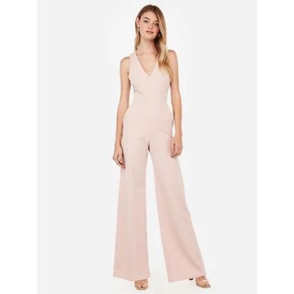 Express Light Pink Medium Jumpsuit V Neck Cross Back Knit Wide Leg Flare Jumpsui - Picture 2 of 8